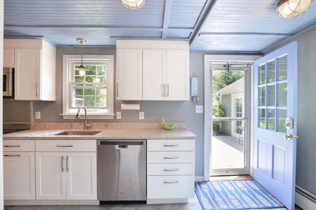 110 Teaticket Path, Falmouth, MA 02536 - kitchen featuring stainless steel appliances, a baseboard heating unit, white cabinetry, wooden ceiling, and decorative light fixtures