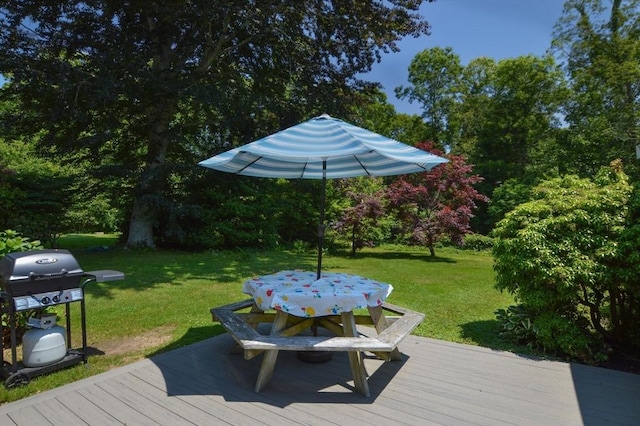 110 Teaticket Path, Falmouth, MA 02536 - wooden deck featuring area for grilling, a lawn, and outdoor dining area