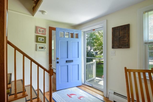 110 Teaticket Path, Falmouth, MA 02536 - foyer entrance featuring wood finished floors, baseboard heating, and stairway