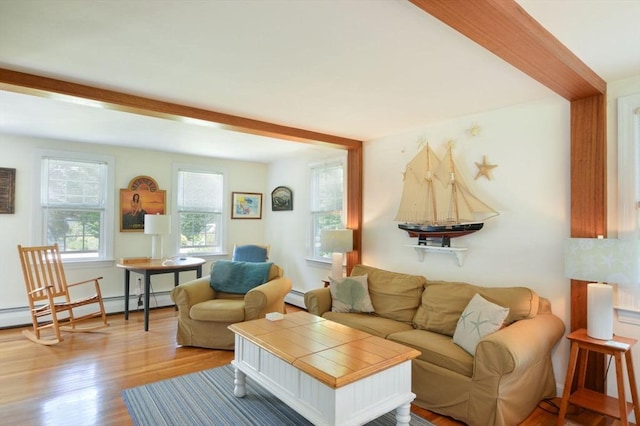 110 Teaticket Path, Falmouth, MA 02536 - living room featuring a baseboard radiator, wood finished floors, and beamed ceiling