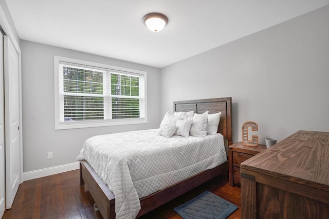bedroom featuring dark wood-style flooring, baseboards, and a closet