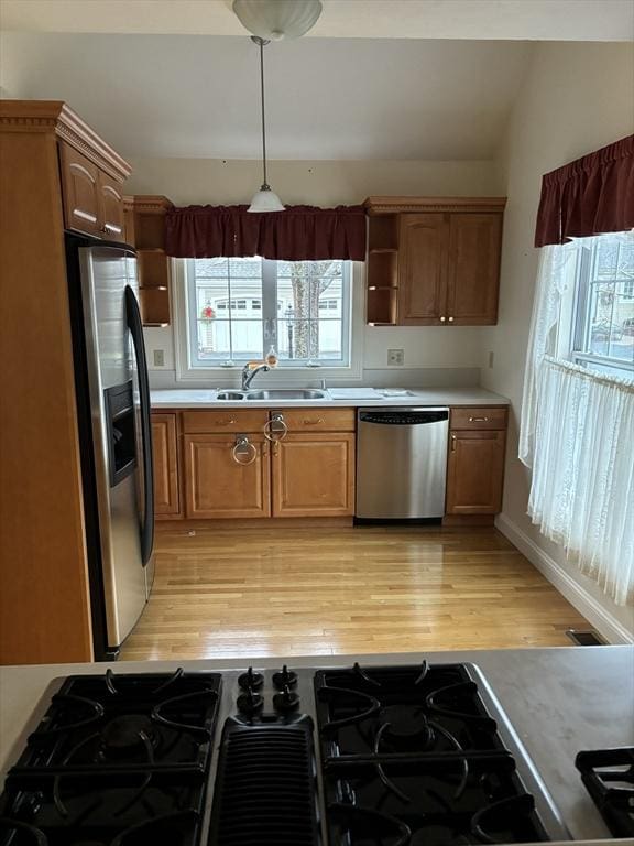 kitchen featuring sink, stainless steel appliances, a wealth of natural light, and light hardwood / wood-style flooring