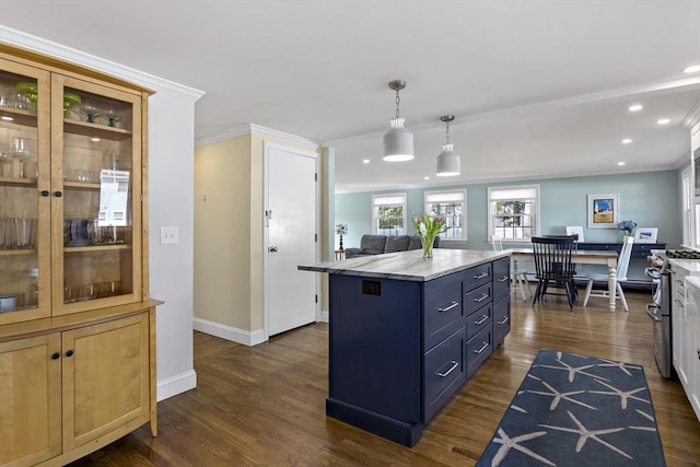 50 Deerfield Rd, Barnstable, MA 02655 - kitchen featuring decorative light fixtures, crown molding, a center island, baseboards, and dark wood-style floors