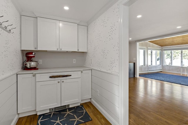 50 Deerfield Rd, Barnstable, MA 02655 - kitchen featuring light countertops, white cabinetry, wood finished floors, wainscoting, and wallpapered walls