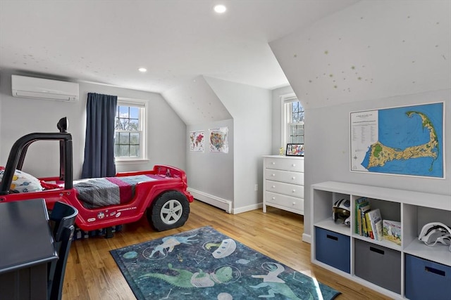 50 Deerfield Rd, Barnstable, MA 02655 - bedroom with vaulted ceiling, wood finished floors, a wall unit AC, and multiple windows