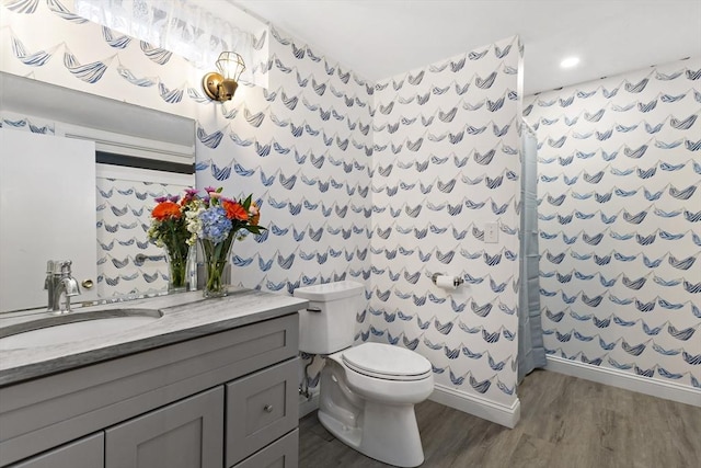 50 Deerfield Rd, Barnstable, MA 02655 - full bath featuring toilet, vanity, wood finished floors, baseboards, and wallpapered walls