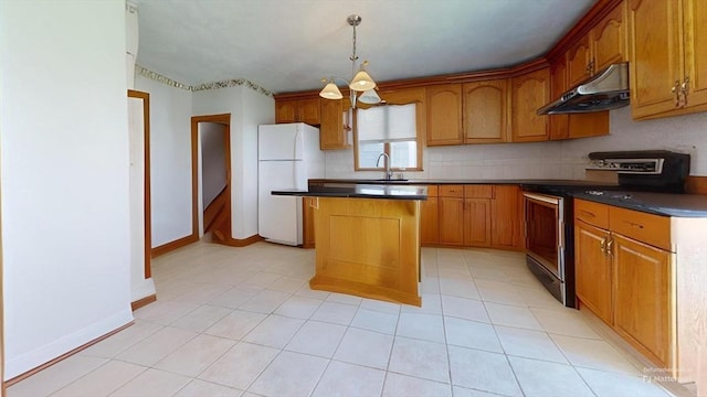 118 Colby Rd, Quincy, MA 02171 - kitchen with under cabinet range hood, freestanding refrigerator, stainless steel electric range, a center island, and brown cabinetry
