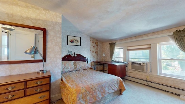118 Colby Rd, Quincy, MA 02171 - bedroom featuring a baseboard radiator, wallpapered walls, light carpet, vaulted ceiling, and cooling unit