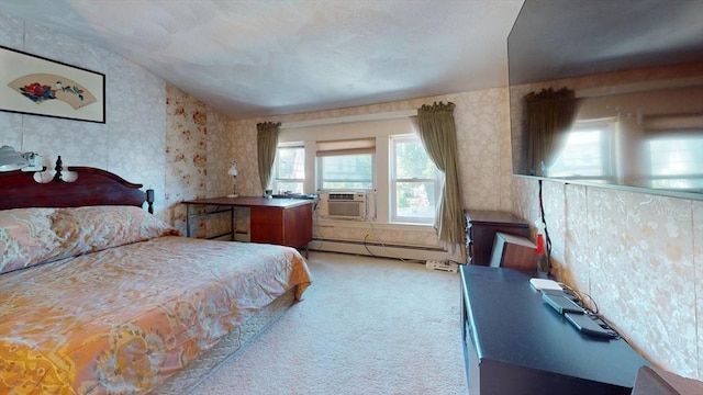 118 Colby Rd, Quincy, MA 02171 - bedroom featuring wallpapered walls, cooling unit, a baseboard radiator, light carpet, and vaulted ceiling
