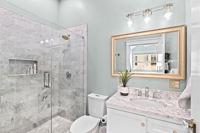 bathroom featuring vanity, toilet, and a stall shower