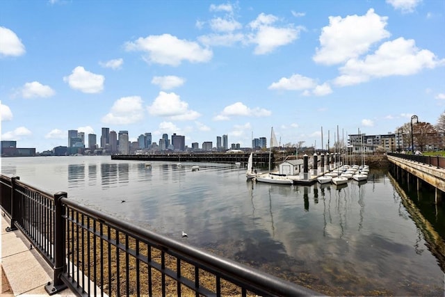 water view featuring a city view and a dock