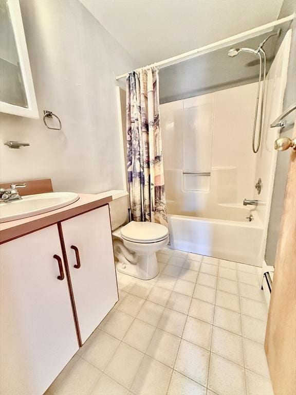 3 Teal Cir, Fairhaven, MA 02719 - bathroom featuring vanity, shower / tub combo, baseboard heating, and tile patterned flooring