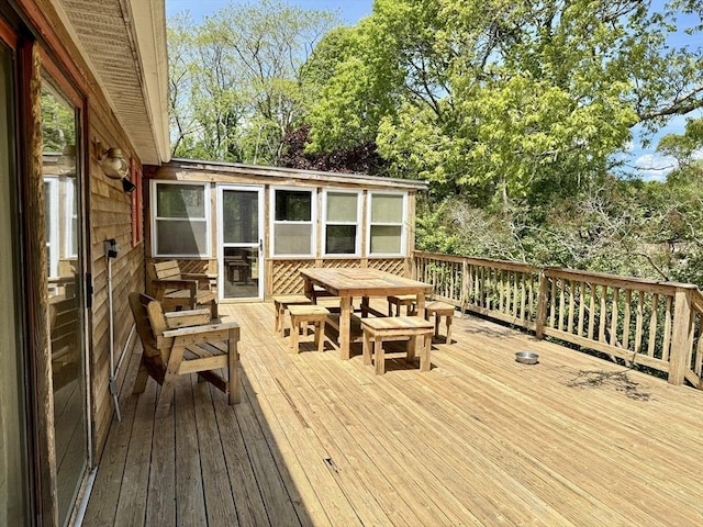 3 Teal Cir, Fairhaven, MA 02719 - wooden terrace featuring outdoor dining space and view of wooded area