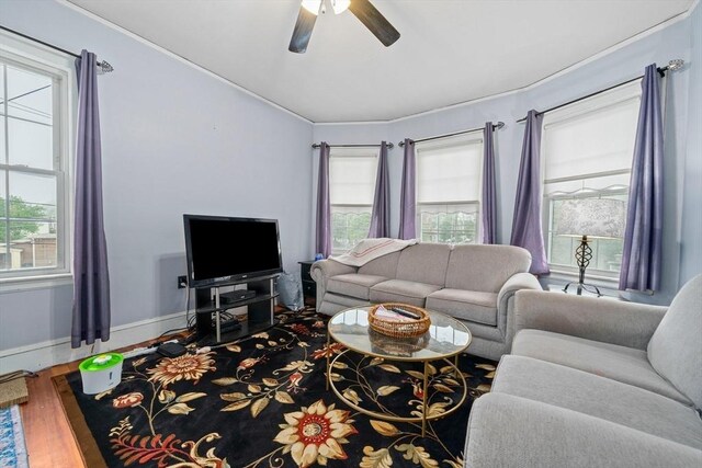 living area featuring wood finished floors, ceiling fan, and baseboards