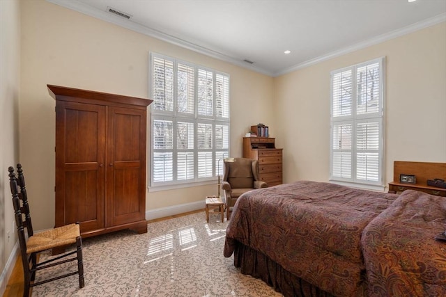 bedroom with light carpet, baseboards, visible vents, and ornamental molding