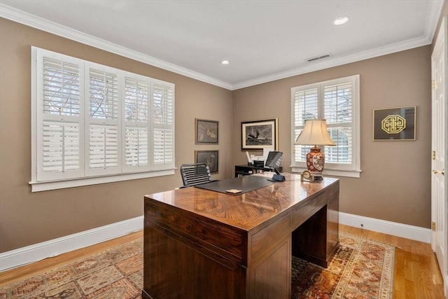 office area featuring visible vents, crown molding, baseboards, light wood-type flooring, and recessed lighting