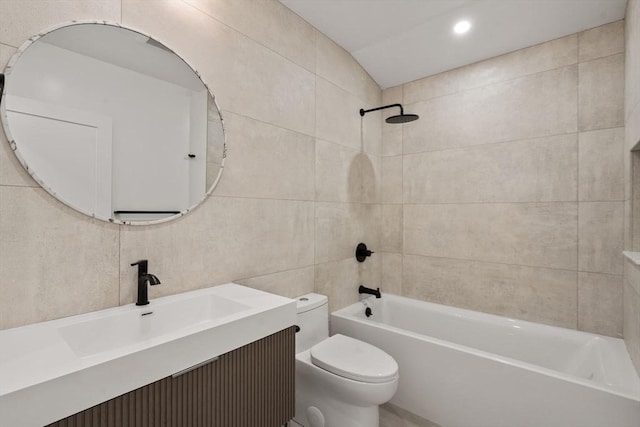 216 Aspinwall Ave, Brookline, MA 02446 - bathroom with toilet,  shower combination, vanity, and tile walls