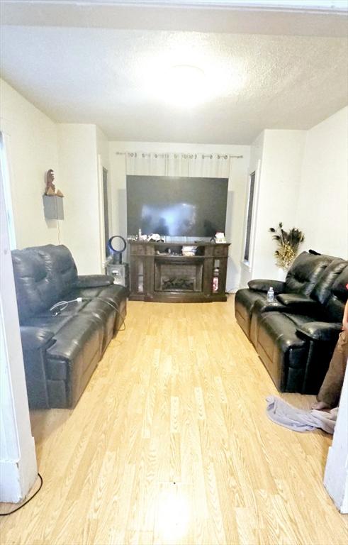 living room featuring light wood-type flooring and a textured ceiling