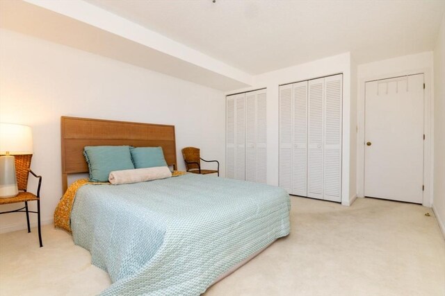 bedroom featuring carpet flooring and two closets