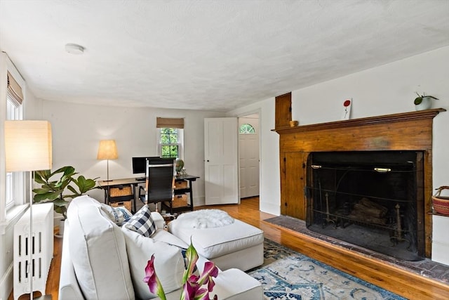 330 Fairview Ave, Rehoboth, MA 02769 - living area featuring wood finished floors, a fireplace, radiator heating unit, and an office area