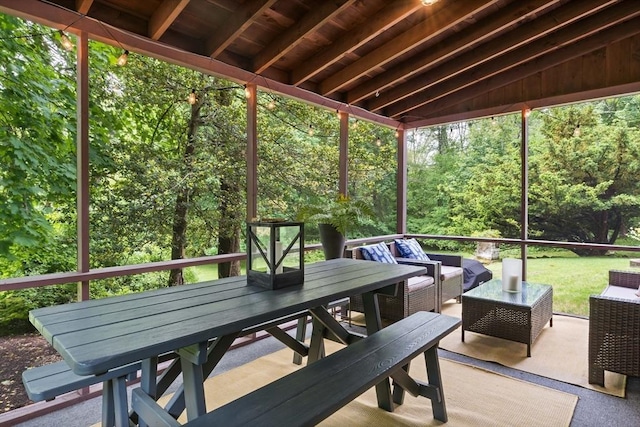 330 Fairview Ave, Rehoboth, MA 02769 - sunroom featuring outdoor dining area, an outdoor living space, lofted ceiling, and a forest view