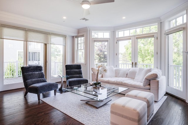 66 Simons Unit C, Mashpee, MA 02649 - living room featuring ornamental molding, plenty of natural light, dark wood finished floors, a ceiling fan, and recessed lighting