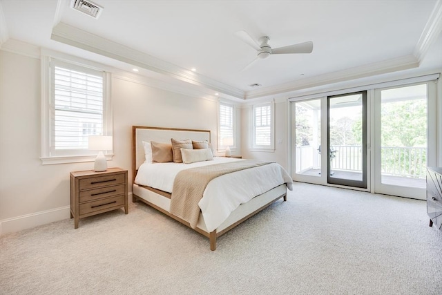 66 Simons Unit C, Mashpee, MA 02649 - bedroom with crown molding, a tray ceiling, light carpet, access to outside, and recessed lighting
