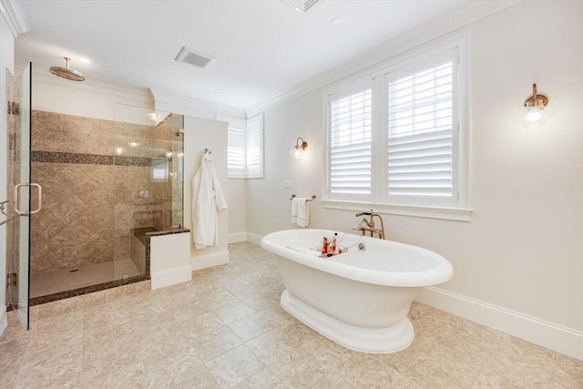 66 Simons Unit C, Mashpee, MA 02649 - bathroom featuring a stall shower, a soaking tub, ornamental molding, and tile patterned floors