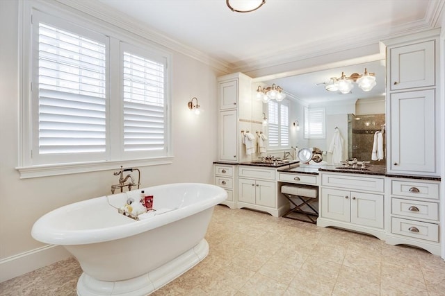 66 Simons Unit C, Mashpee, MA 02649 - full bathroom with vanity, a soaking tub, crown molding, and tiled shower