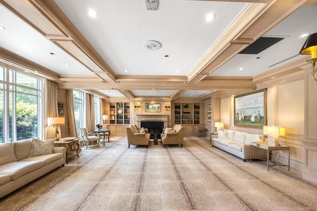 66 Simons Unit C, Mashpee, MA 02649 - building lobby featuring crown molding, a decorative wall, beam ceiling, and coffered ceiling