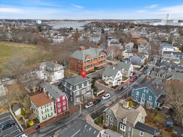 drone / aerial view with a water view