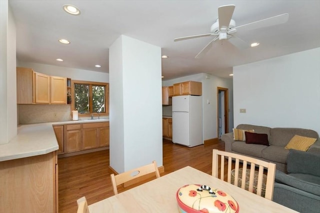 dining area featuring ceiling fan, sink, and light hardwood / wood-style flooring