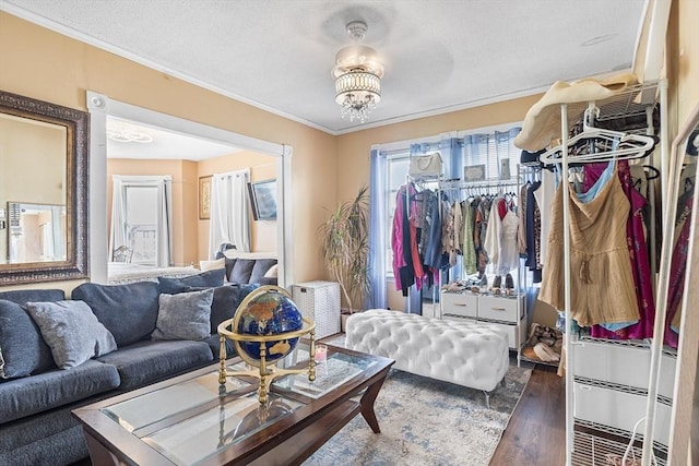 369-371 Mill St, New Bedford, MA 02740 - living area with crown molding, wood finished floors, and a textured ceiling