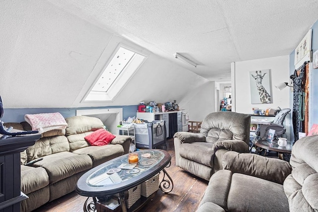 369-371 Mill St, New Bedford, MA 02740 - living room featuring a textured ceiling, light wood-style floors, a skylight, and lofted ceiling