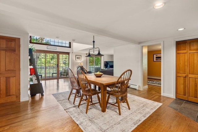 72 S Shore Dr, Sturbridge, MA 01566 - dining area with a baseboard radiator, wood finished floors, baseboards, and recessed lighting