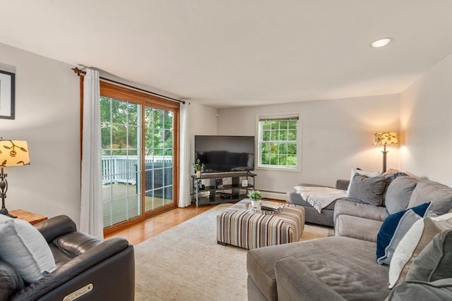 72 S Shore Dr, Sturbridge, MA 01566 - living area featuring light wood-type flooring, a baseboard heating unit, and recessed lighting