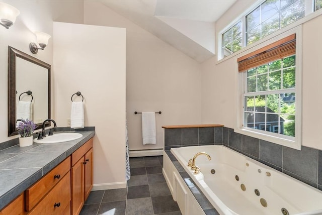 72 S Shore Dr, Sturbridge, MA 01566 - full bathroom with a baseboard radiator, vanity, a jetted tub, tile patterned floors, and baseboards