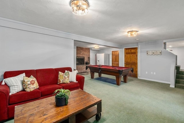 72 S Shore Dr, Sturbridge, MA 01566 - recreation room featuring a brick fireplace, carpet flooring, pool table, baseboards, and a textured ceiling