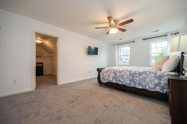 7 Willow Brook Ln, Blackstone, MA 01504 - bedroom with carpet flooring, baseboards, vaulted ceiling, a ceiling fan, and a spacious closet