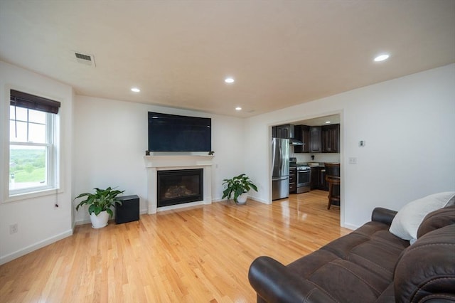 7 Willow Brook Ln, Blackstone, MA 01504 - living area with light wood-style flooring, recessed lighting, a glass covered fireplace, and baseboards