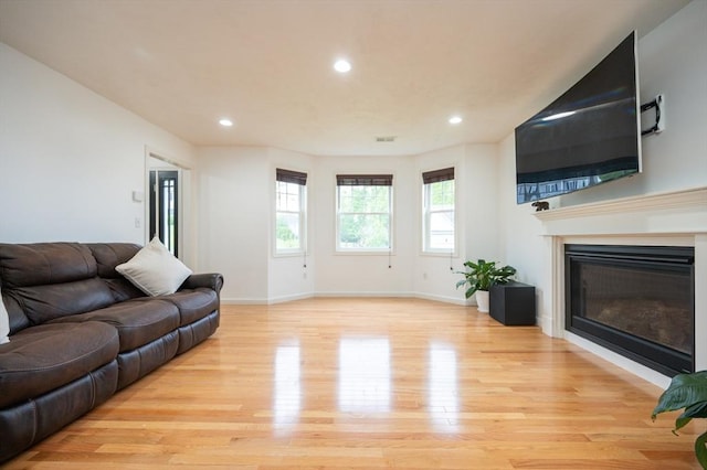 7 Willow Brook Ln, Blackstone, MA 01504 - living area featuring light wood finished floors, a glass covered fireplace, recessed lighting, and baseboards