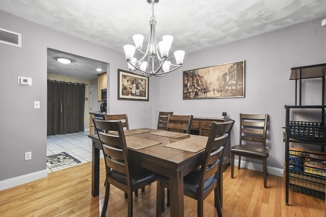 dining area with an inviting chandelier and light wood-type flooring