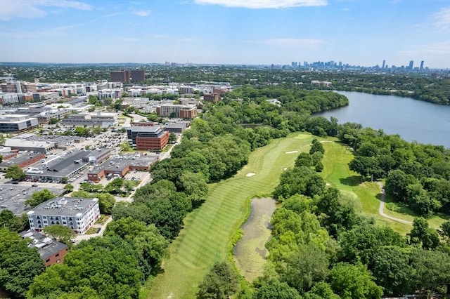 aerial view featuring a water view and a view of city