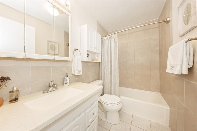 25 Linden Ave Unit 4, Somerville, MA 02143 - full bath with vanity, shower / bathtub combination with curtain, tile walls, tile patterned flooring, and decorative backsplash