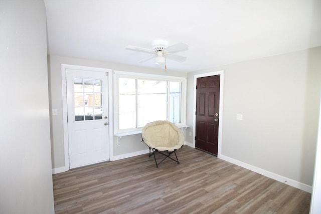 living area featuring hardwood / wood-style flooring and ceiling fan