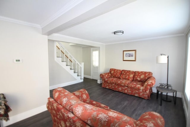 living room featuring dark wood-type flooring and ornamental molding