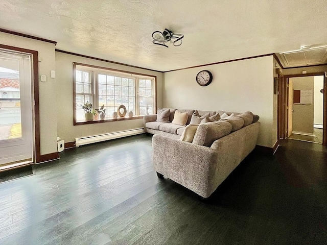 living area featuring dark wood-type flooring, crown molding, a baseboard radiator, baseboards, and attic access