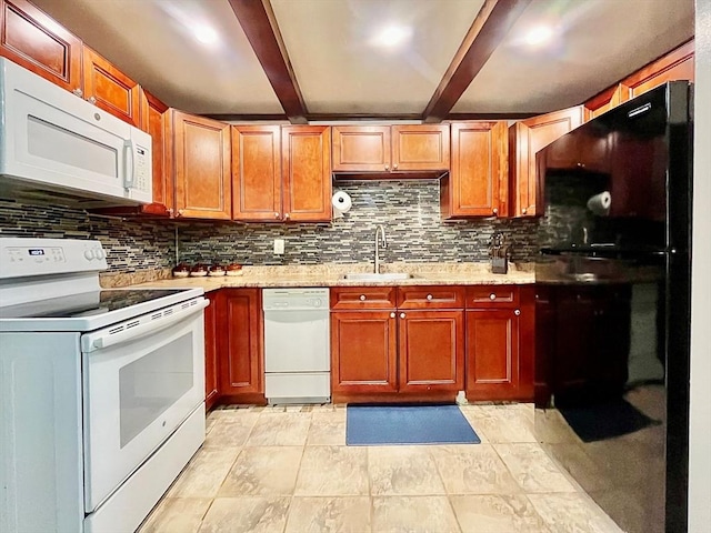 kitchen with white appliances, light stone counters, beam ceiling, a sink, and backsplash