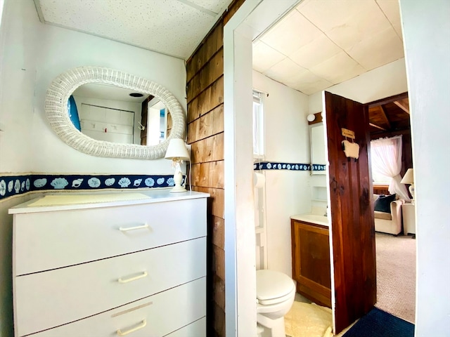 bathroom with vanity, wood walls, toilet, and a wealth of natural light