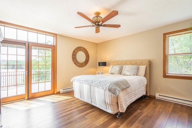 92 Wallace Ave, Auburn, MA 01501 - bedroom with baseboard heating, access to exterior, hardwood / wood-style floors, and a ceiling fan